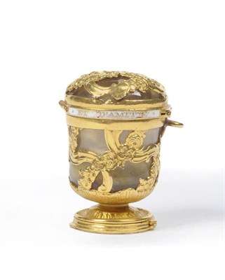 Lot 594 - An English Gold Mounted Chalcedony and Enamelled Vinaigrette, circa 1750, of pedestal campana...