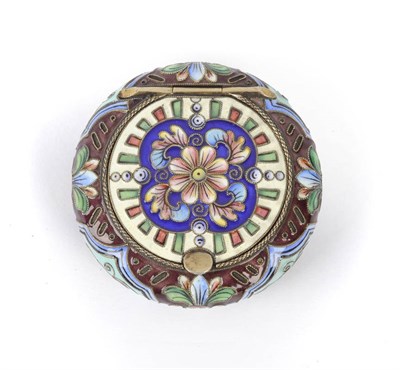 Lot 604 - A Russian Silver and Enamel Pill Box, 6th Artel, Moscow, circa 1908-17, of compressed circular form