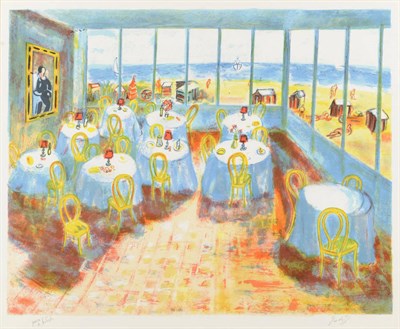 Lot 632 - Carlos Nadal (1917-1998) Beachside Restaurant interior, figures and bathing huts in the...