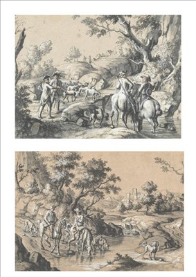 Lot 642 - Continental School (18th century) Hunting Scene; Hunting Scene with horses being watered Pen,...