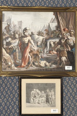 Lot 645 - Attributed to William Hogarth (1697-1764) "The Death of the Little Dog" Extensively inscribed, also