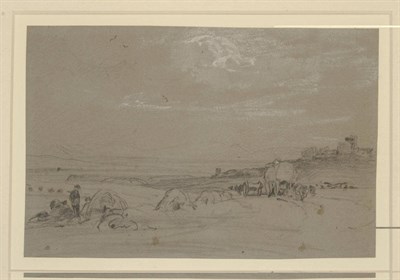 Lot 652 - Circle of David Cox (19th century) Figures Harvesting in a Field, a castle nearby Pencil heightened