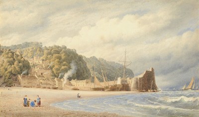 Lot 660 - Circle of Cornelius Varley (18th/19th century) Children on a Beach at Low Tide, cottages and...