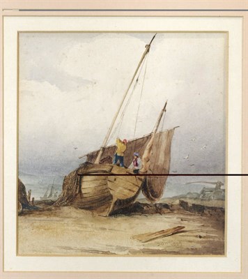 Lot 661 - Samuel Owen (1768-1857) Figures repairing a Fishing Boat at Low Tide Signed and dated 1829,...