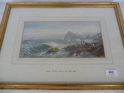 Lot 662 - Samuel Phillips Jackson R.W.S. (1830-1904) "Figures on a Rocky Coast", scene with figures...