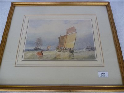 Lot 664 - Thomas Sewell Robins R.W.S. (1814-1880) Fishing Boats off a Quayside, figures looking on Signed and