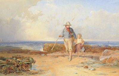 Lot 665 - John Henry Mole R.I. (1814-1886) Coastal Scene at Low Tide with a young boy and girl Signed and...