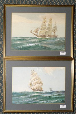 Lot 667 - R"¦ Macgregor (fl.1920-1950) Tea Clipper and Shipping in a Swell; Three Masted Barque in an...