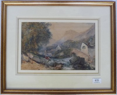 Lot 670 - John Skinner Prout N.W.S. (1806-1876) Figures Fishing,a bridge and cottages nearby Signed,...