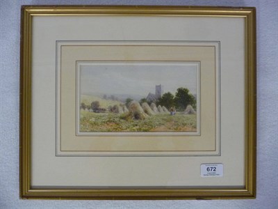 Lot 672 - James Jackson Curnock (1839-1891) Summer Landscape with Figures Harvesting amongst Corn Stooks...