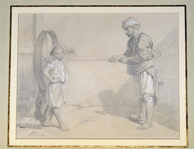 Lot 683 - Alexander Bida (1823-1895) Young Eastern Boy winding Wool with his Father Signed, pencil...