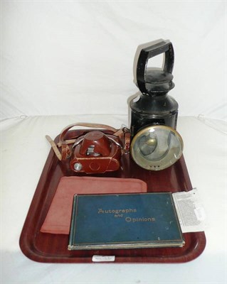Lot 2 - Railway lamp, four hickory-shafted golf clubs, camera and two autograph books