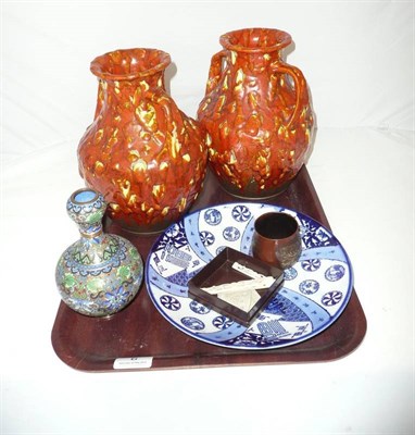 Lot 6 - A pair of Japanese orange ground lava vases, Japanese blue ground plate, brush pot, bone pieces and