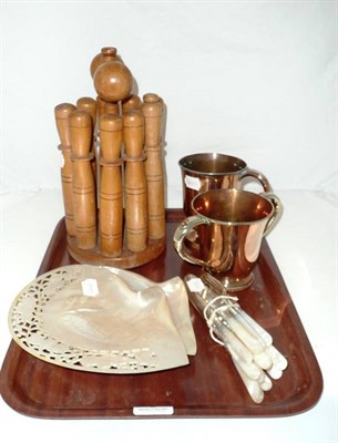 Lot 9 - Two carved mother-of-pearl shells, a wood skittle set, a loving cup, a tankard and a bundle of...