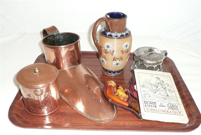 Lot 21 - Art Nouveau copper string box, copper ale muller, Doulton jug and sundry, including a 1917...