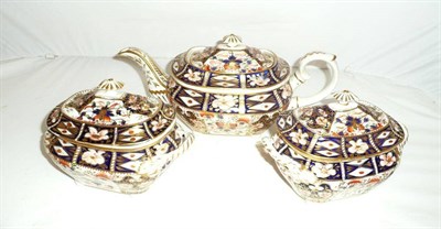 Lot 34 - Pair of Crown Derby tureens and covers (a.f.) and a Crown Derby teapot and cover
