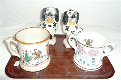 Lot 36 - Pair of Staffordshire spaniels and two Staffordshire frog mugs