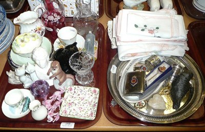 Lot 38 - Plated salvers, linen, decorative ceramics, cranberry decanter, etc on two trays