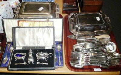 Lot 40 - Two trays of silver plate including tureens, flatwares, cased condiments etc
