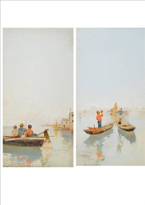 Lot 691 - Raffaele Meinella (1858-1907) Italian Venetian Lagoon with Three Small Boys in a Boat Fishing...