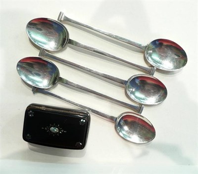 Lot 73 - A set of five silver spoons Sheffield assay and a papier-mache snuff box