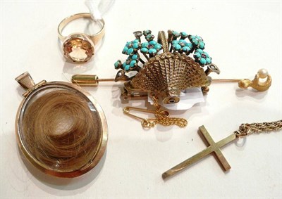 Lot 74 - A citrine ring, a locket containing hair, a 9ct gold cross on chain, a stick pin and a...
