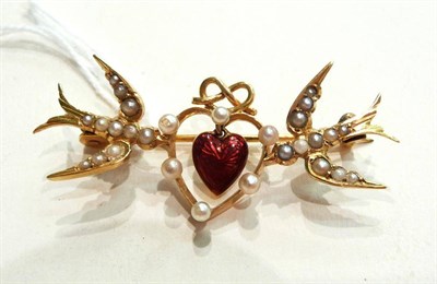 Lot 79 - An Edwardian swallow and heart seed pearl brooch