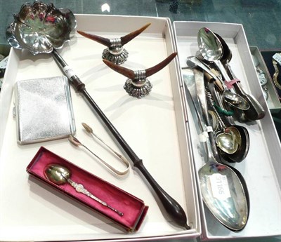 Lot 99 - Two George III tablespoons, teaspoons, toddy ladle etc