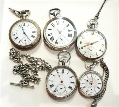 Lot 100 - Three silver pocket watches, two plated watches, a silver albert and two other alberts