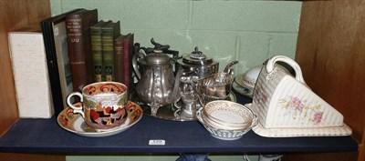 Lot 129 - Two horse racing engravings, EPBM three piece tea set, plated tray, pewter jug, ceramics, etc