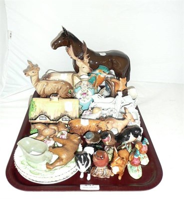 Lot 147 - Beswick including horse, stag, doe, fawn, Highland calf, dogs, birds, cottage butter pot and...