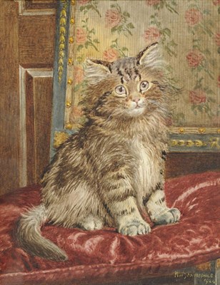 Lot 701 - Wilson Hepple (1854-1937) Kitten Seated upon a Red Velvet Cushion Signed and dated 1924, pencil and