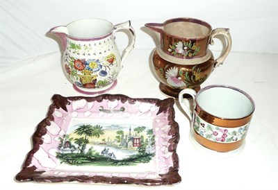 Lot 159 - A lustre plaque, a mug and two jugs