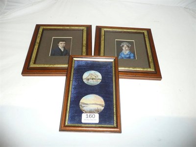 Lot 160 - Two miniatures framed and a pair of portrait miniatures