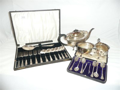 Lot 163 - Six cased silver teaspoons, cased fruit spoons and forks and a three piece plated tea set