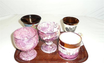 Lot 166 - Two lustre goblets, a mug and two copper lustre goblets