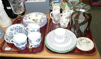 Lot 171 - Two trays including engraved goblet, Mdina vase, tea wares etc