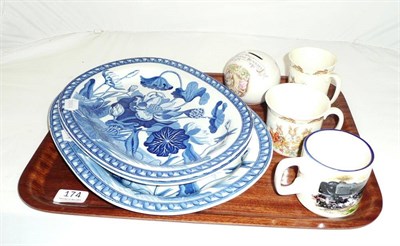 Lot 174 - Three Wedgwood blue and white oval plates, Wade ornaments, Doulton Bunnykins, etc