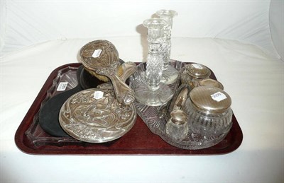 Lot 185 - A silver brush set, glass bottles etc