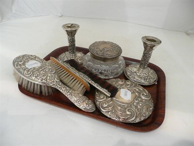 Lot 187 - A quantity of silver backed dressing table pieces with candlesticks