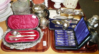 Lot 193 - Two trays of silver plated wares including cased christening set, tray and cocktail shaker etc