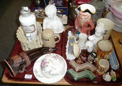 Lot 194 - Two trays of decorative ceramics including Parian bust, Royal Doulton Churchill small Toby jug,...