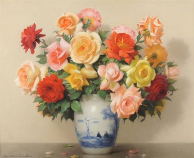 Lot 705 - Gaston-Albert Lavrillier (1885-1987) French Still Life of Roses in a Blue and White Pot Signed,...