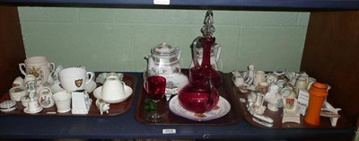 Lot 203 - Three trays of crested china, cranberry glass, Coronation plate, etc