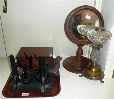 Lot 207 - A glass brass lamp, a shaving mirror, a box, stands etc