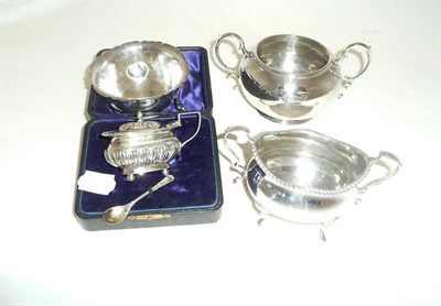 Lot 219 - Two silver sugar basins, sugar bowl and salt with blue glass liner