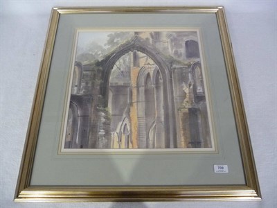 Lot 709 - Tony Brummell-Smith (b.1949)  "Fountains Abbey at Dusk" Signed, inscribed on an old label and dated