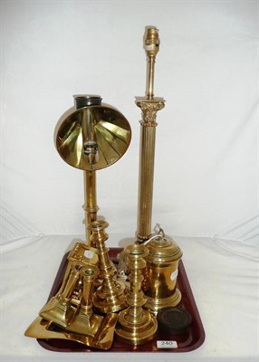 Lot 240 - Tray of brass ware including Corinthian column lamp, students lamp, string box, candlesticks,...