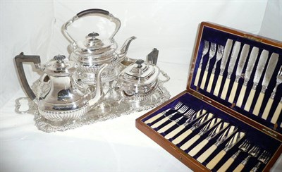 Lot 241 - Four piece silver plated tea set, spirit kettle en suite, a twin-handled tray and plated fish...