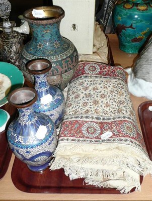 Lot 250 - Iranian table covers and three cloisonne vases